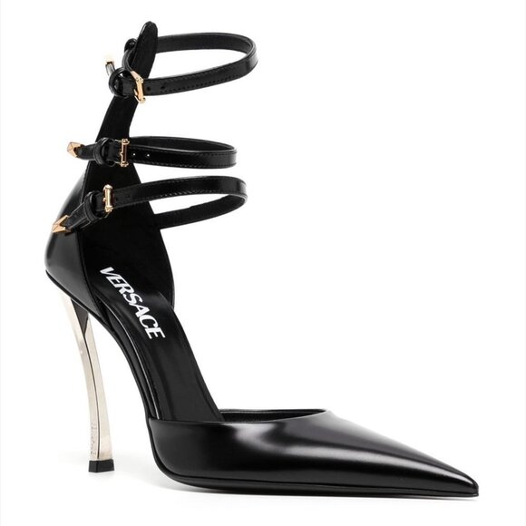 Versace Pin Point Black Leather Triple Ankle Strap Medusa Aevitas Pumps Size 37